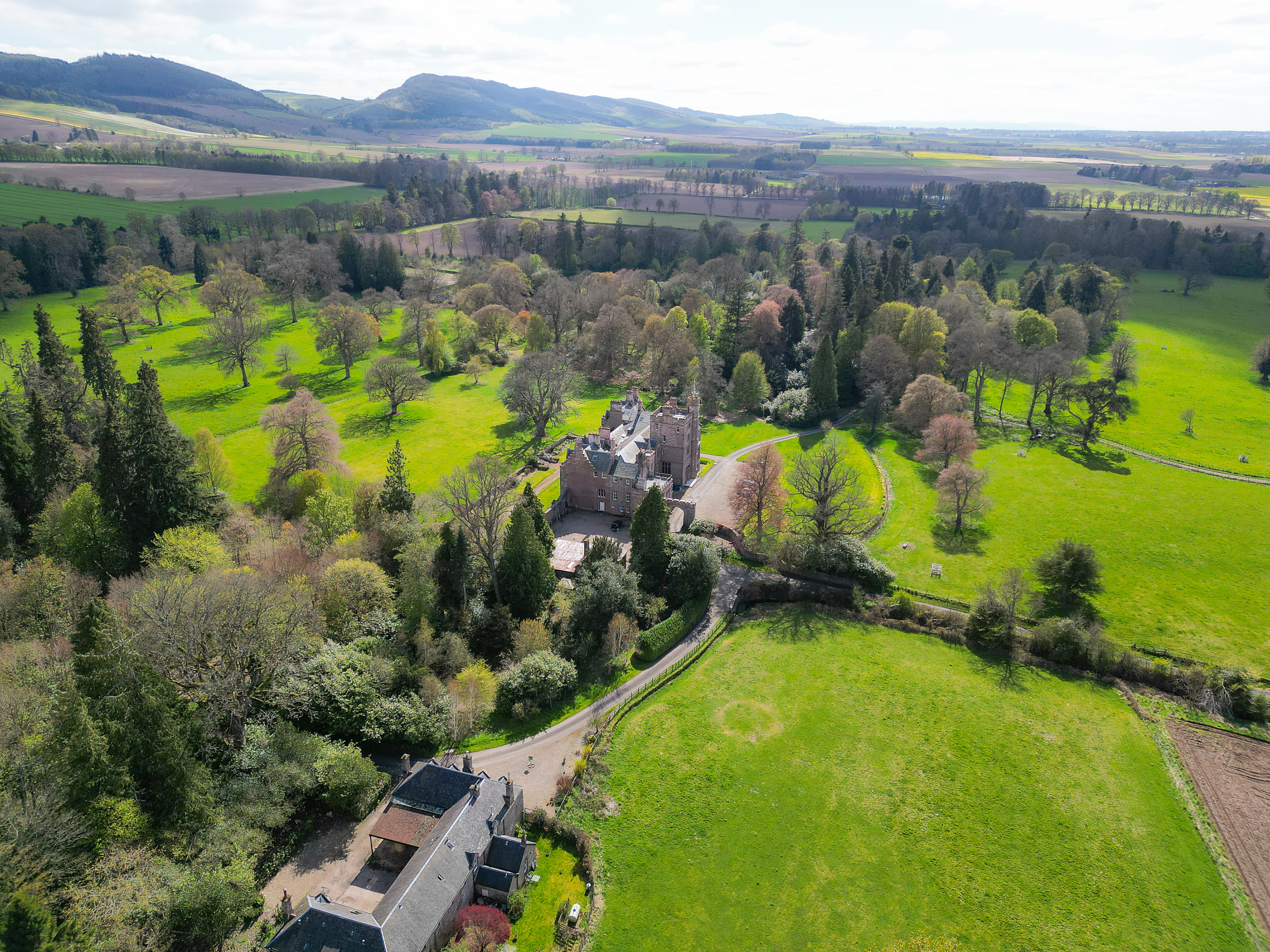 Aerial view of estate grounds and Perthshire countryside Hallyburton