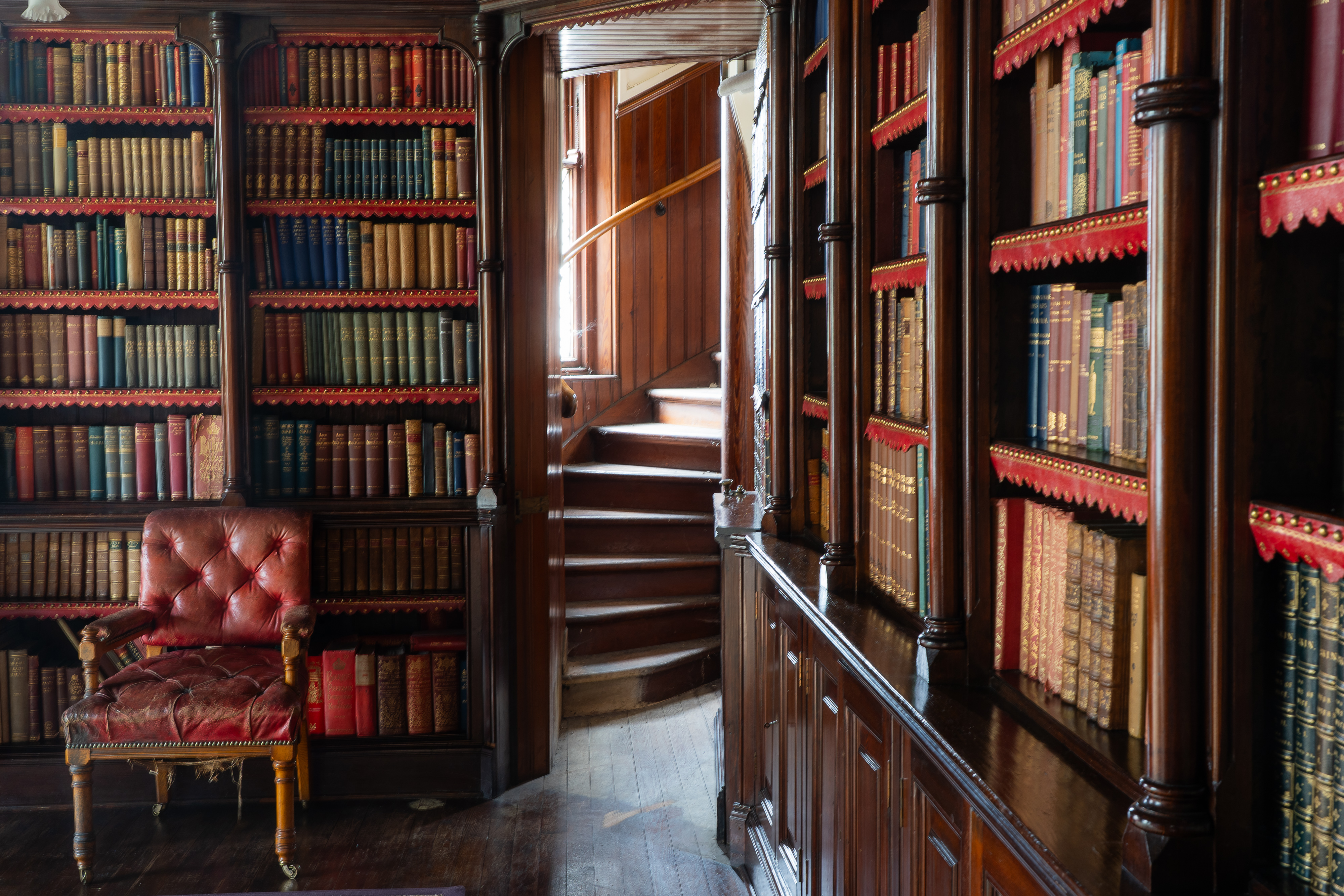 Secret door in Scottish victorian library Hallyburton Estate