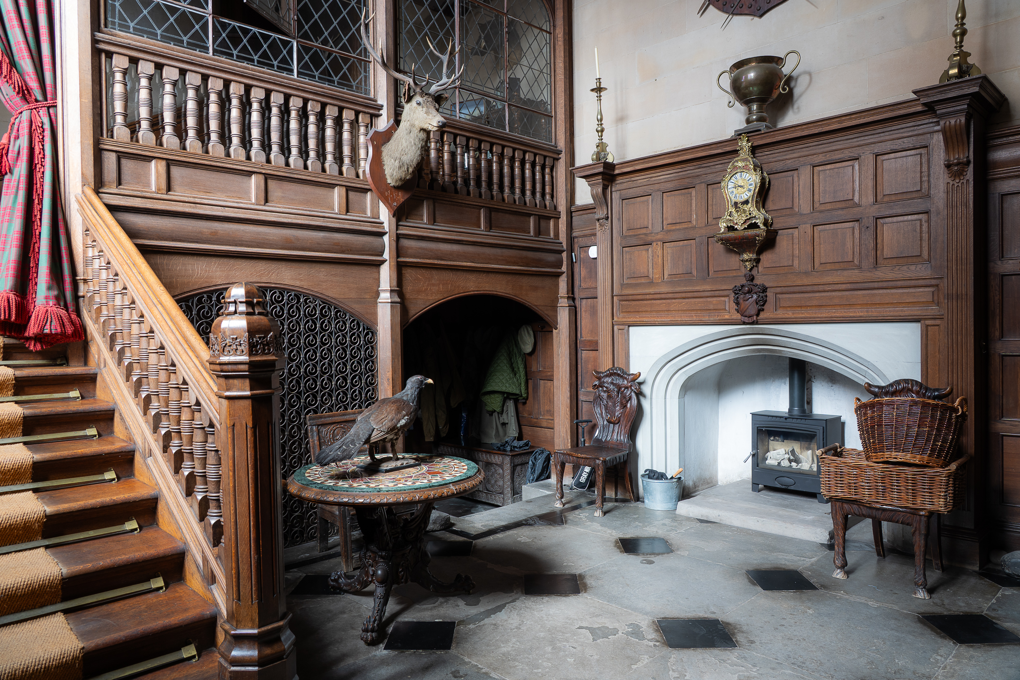 Scottish baronial entrance hall Hallyburton Estate