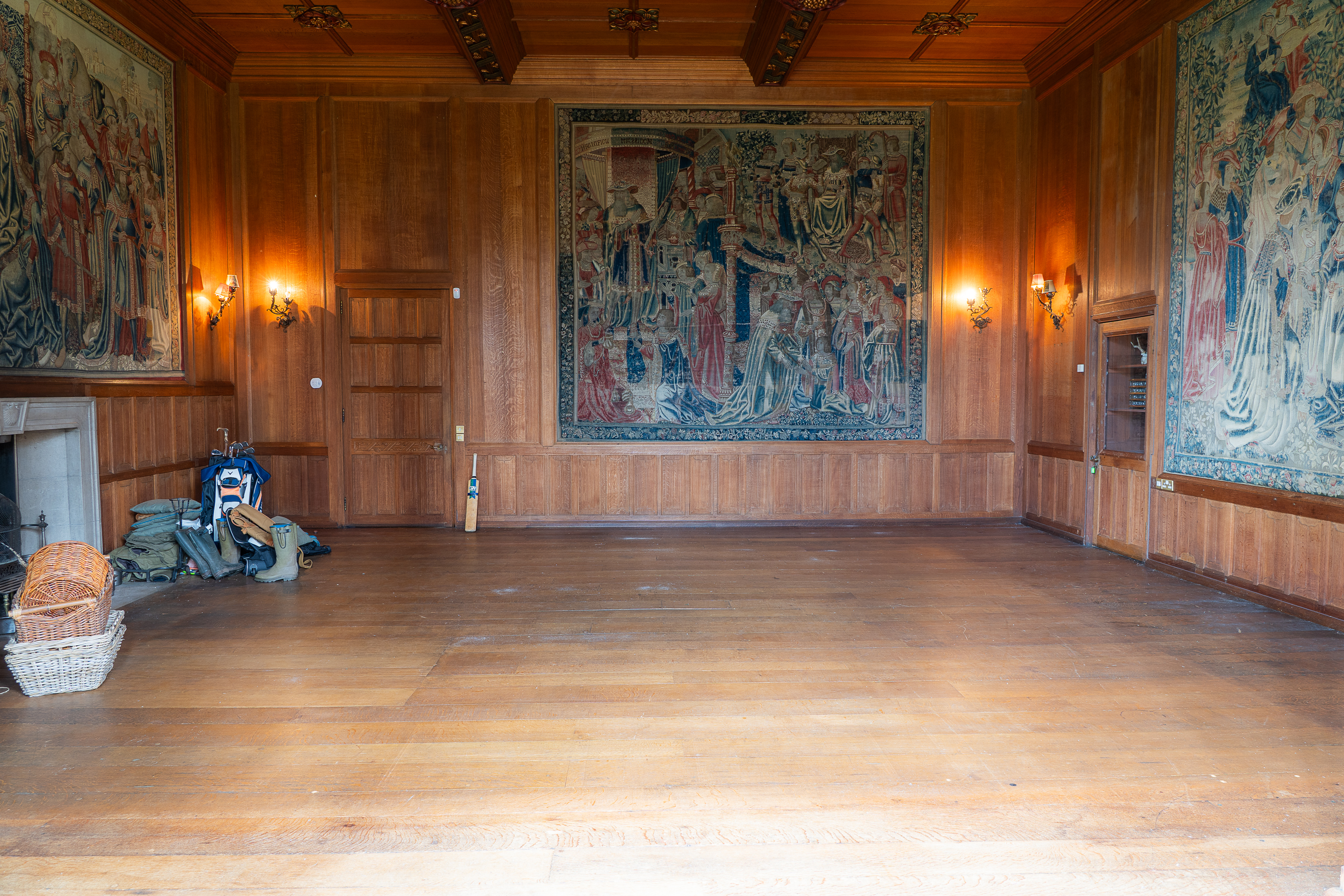 17th-century Belgian tapestry on panelled wall Hallyburton Estate