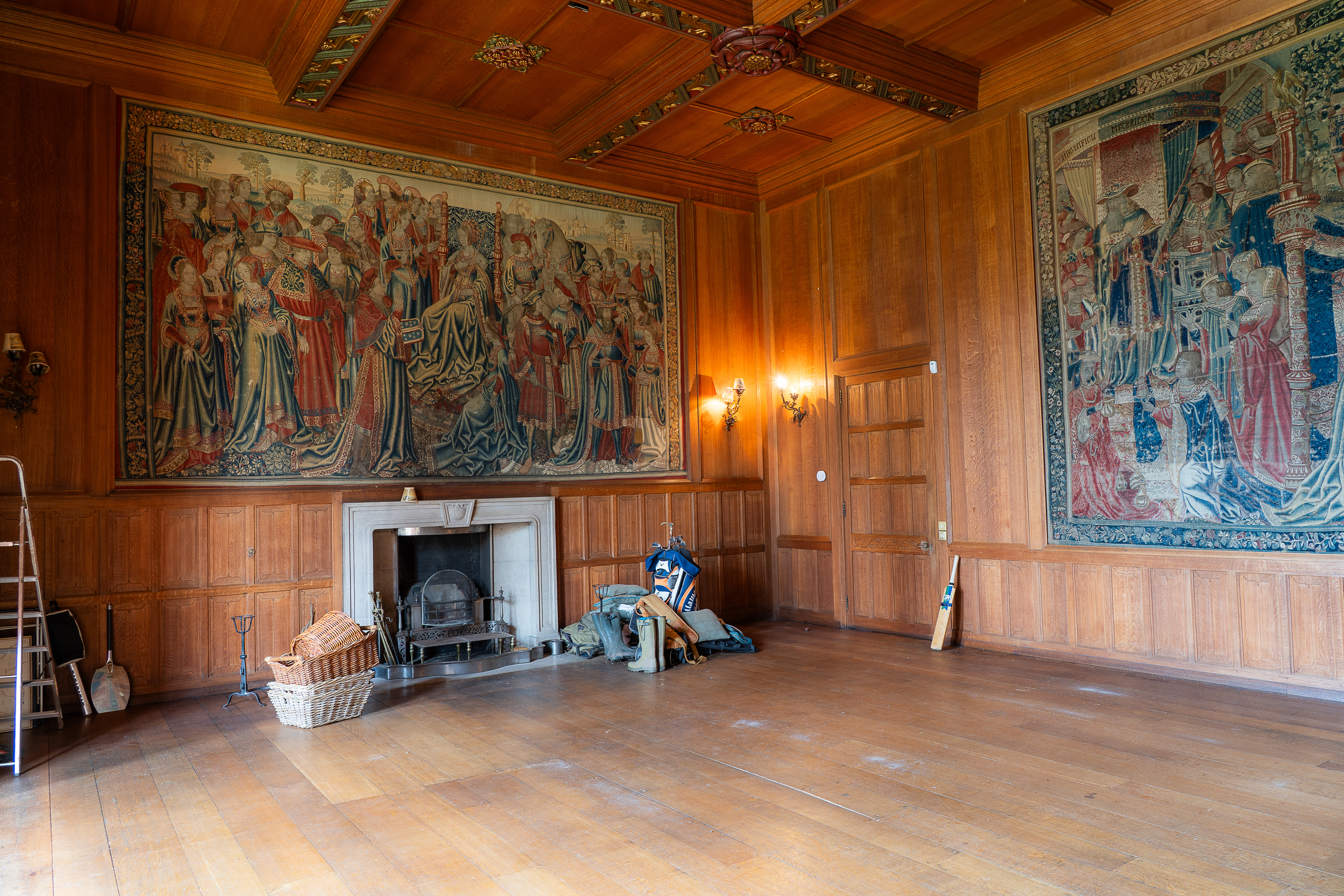 17th-century Belgian tapestry on panelled wall Hallyburton Estate